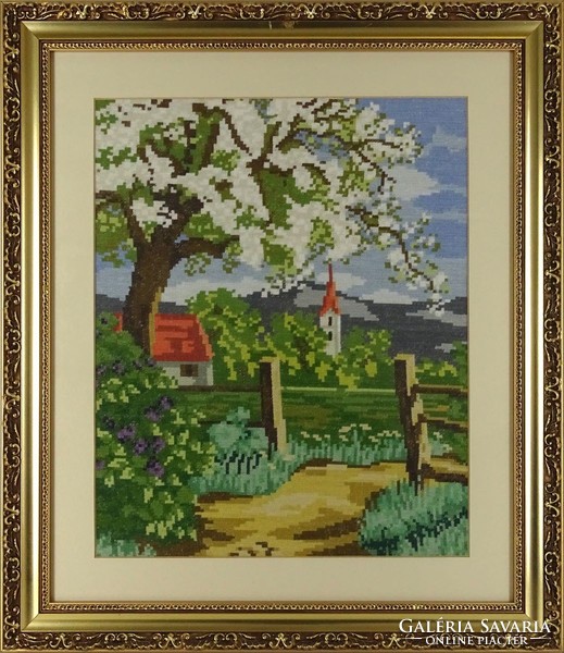 1H023 spring landscape with church tapestry in gilded frame 49.5 X 43 cm