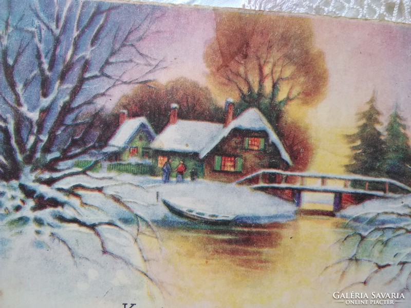 Régi grafikus, karácsonyi képeslap/üdvözlőlap, havas ház, folyó, erdő, 1920-as évek