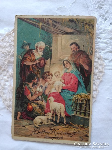 Antik litho/litográfiás karácsonyi képeslap/üdvözlőlap, Kisjézus, jászol, Karácsony 1920