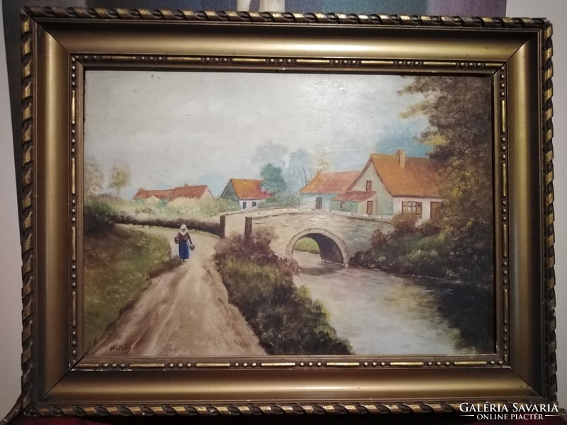 Village life oil painting, signed