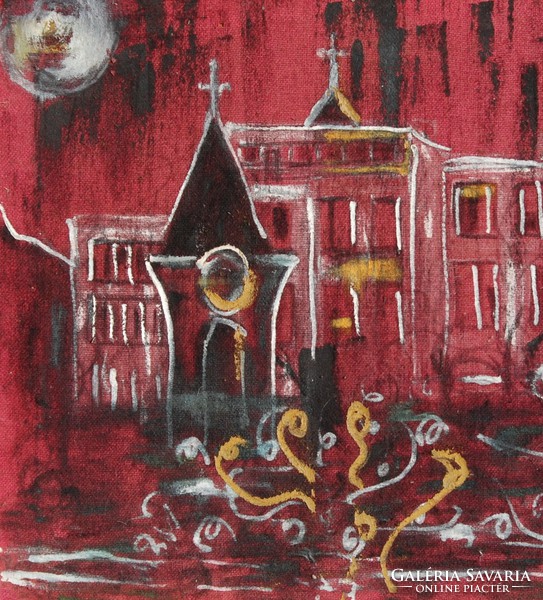 Nagyvárosi utca toronnyal és templomtetőkkel - festmény, keretezve