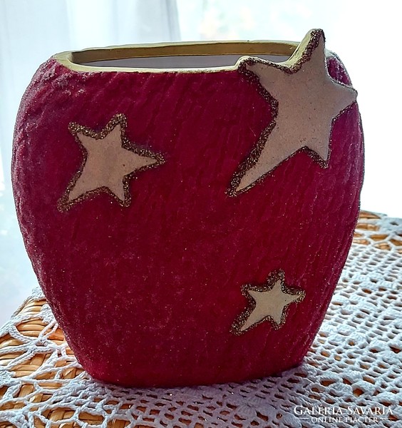 Handmade burgundy ceramic vase with gilded stars, numbered, flawless, in a display case