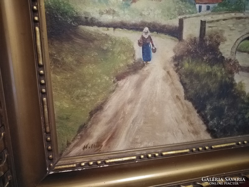 Village life oil painting, signed