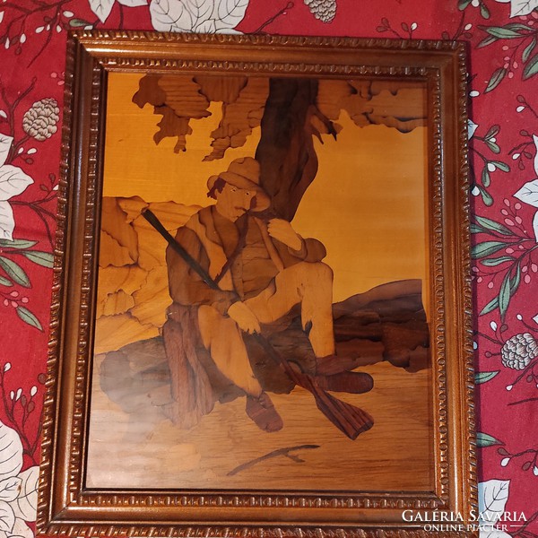 Marquetry picture with a hunting rifle under a tree! Nicely done!