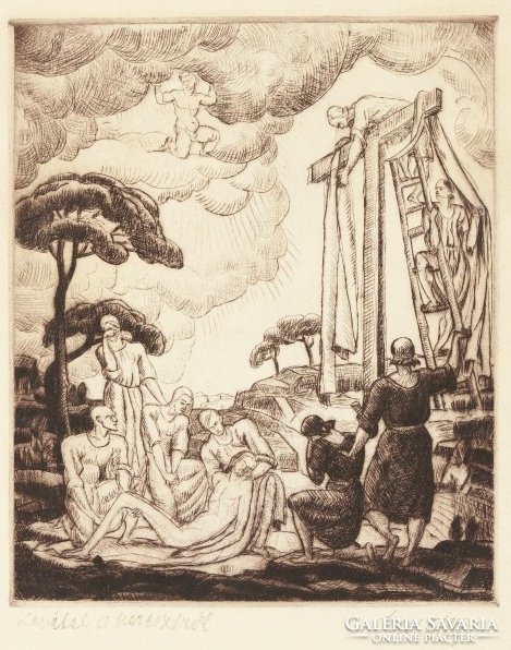 János Kmetty - removal from the cross, 1920, etching