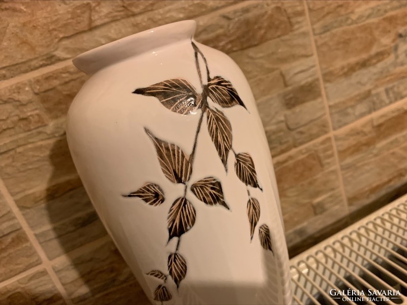 Juryed snow-white retro glazed ceramic vase with leaves, 22 cm.