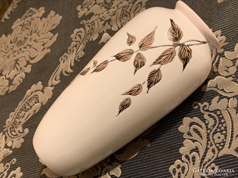 Juryed snow-white retro glazed ceramic vase with leaves, 22 cm.