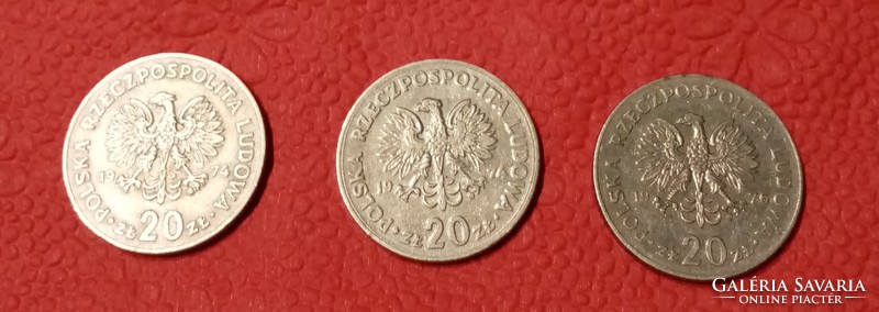 3 pcs 20 zlotys 1974 (2) and 1976 (1)