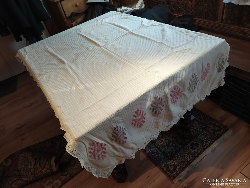 Old thick embroidered canvas tablecloth 195x108 cm