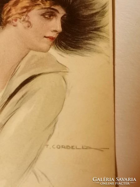 Corbella  " Hölgy szőrme kalapban" litográf olasz levelezőlap (64))