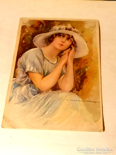 1921 Tito Corbella  " Hölgy kalapban" szignált litográf olasz levelezőlap (61)