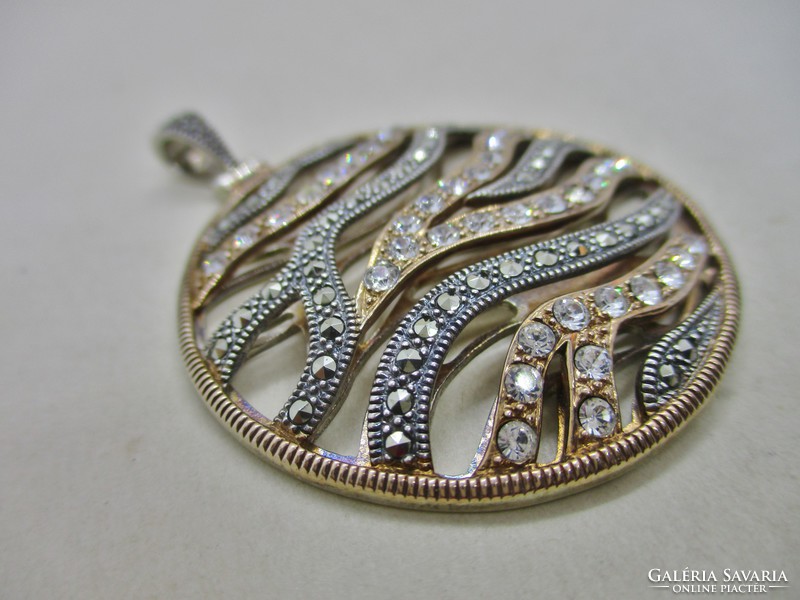Beautiful art deco big silver pendant with marcasite