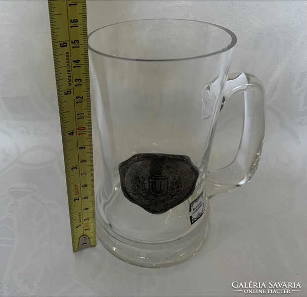 Retro German crystal beer mug with coat-of-arms pewter decoration, with a small chip on the mouth