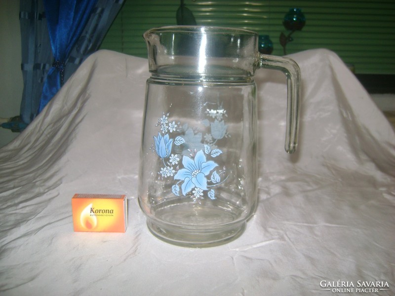 Retro thick-walled glass pitcher with pale blue flowers