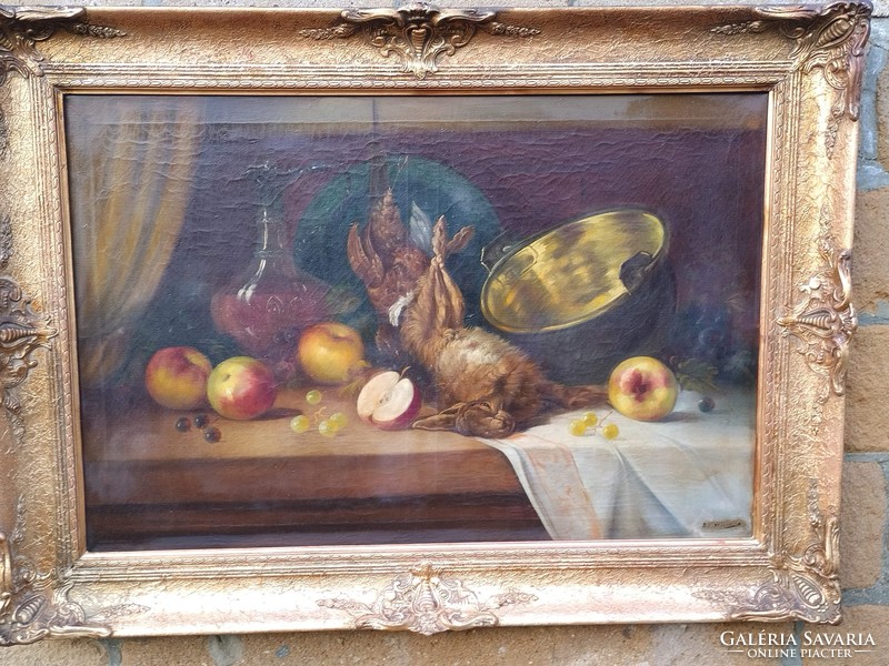 But wille a: post-hunt still life with large antique oil on canvas painting 112x82 cm