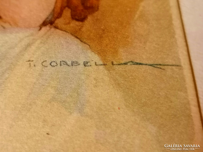 1921 Tito Corbella  " Hölgy kalapban" szignált litográf olasz levelezőlap (61)