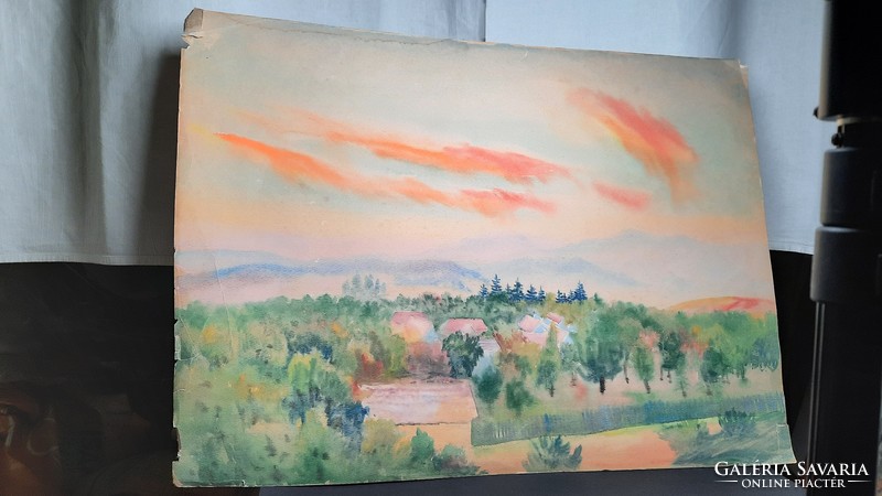 Kilátás az erdei falucskára - Vajszada Károly akvarellje - tájkép tüzes égbolttal- panoráma