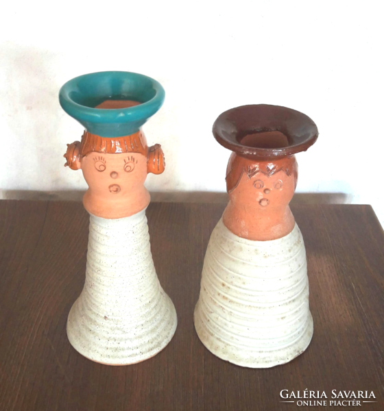 Pair of handmade ceramic candlesticks, handmade, glazed, marked