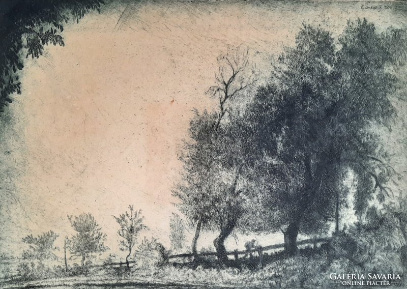 Element of F. Antal: roadside trees with wandering (etching) 29x22 cm