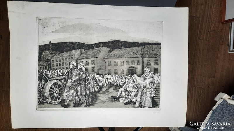 The liberating red soldiers march into Salgótarján (etching) 1919 (communism, red revolution)