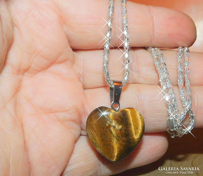 Tiger eye mineral heart pierced lacy white gold plated necklace