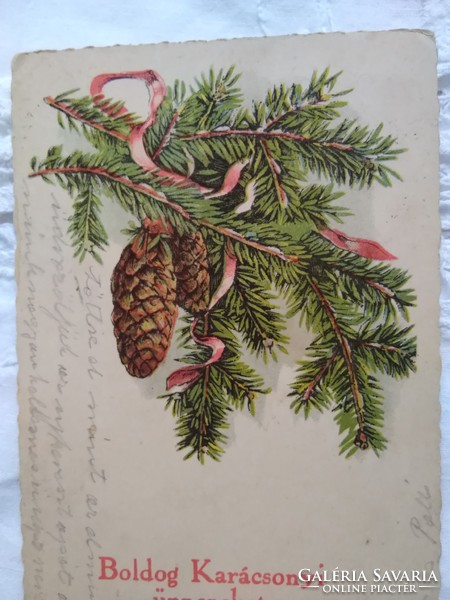 Antik litho/litográfiás karácsonyi képeslap toboz, fenyőág 1919