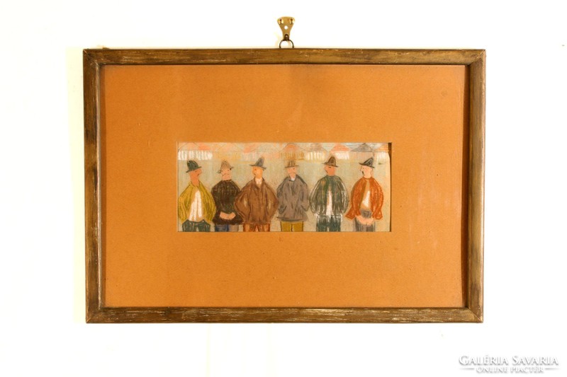 Kalapos Férfiak Pasztell Festmény 33x48cm Figurák Kalapban
