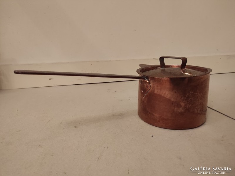 Antique kitchen utensil with tinned patinated copper pot beaker with lid 443
