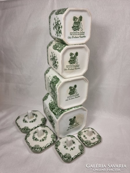 Old britain castles green english castle scene with 4 pieces of faience storage set. Flour, sugar, coffee, salt