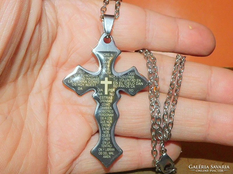 Black fire enamel prayer text cross stainless steel men's necklace