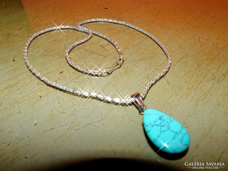 Turquoise mineral drops pierced lacy white gold plated necklace