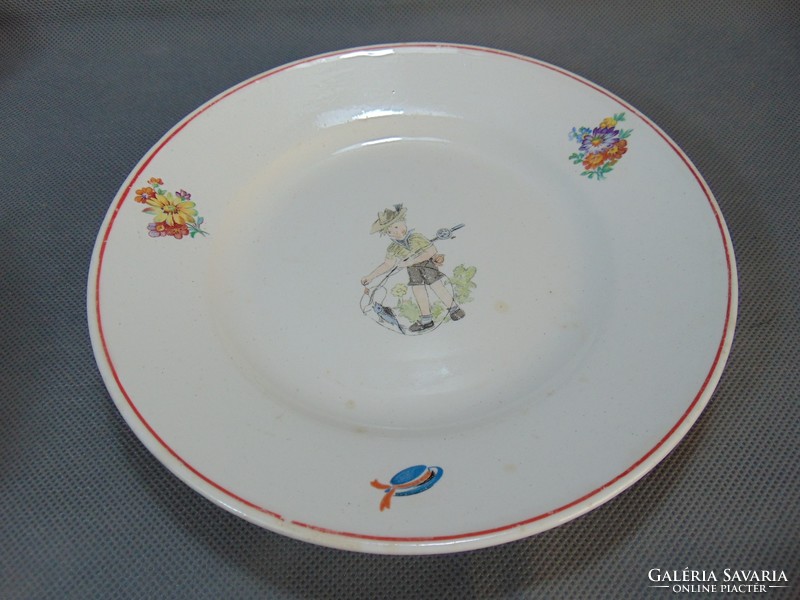 Old granite fairy tale pattern - fishing boy child with plate