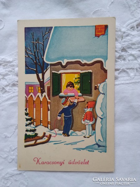 Régi grafikus karácsonyi képeslap, gyerekek, szánkó, ajándék, hóember 1950-es évek körüli