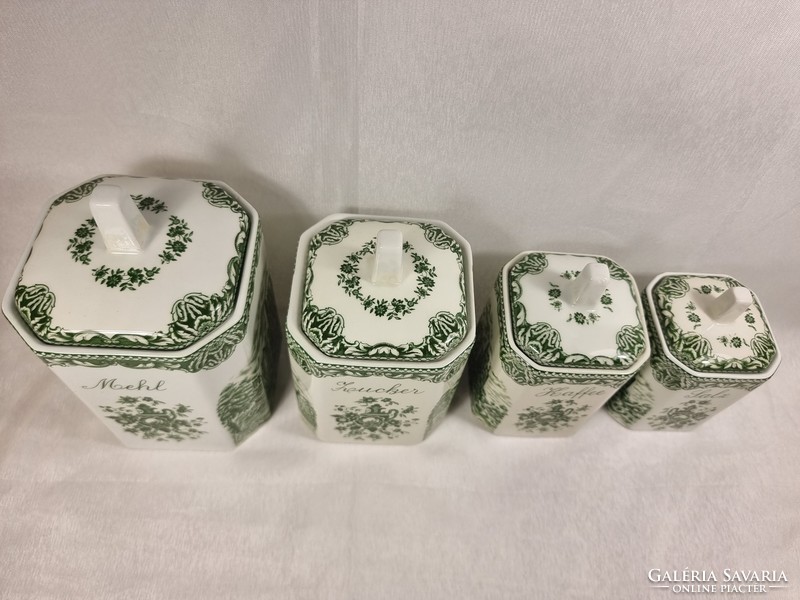 Old britain castles green english castle scene with 4 pieces of faience storage set. Flour, sugar, coffee, salt