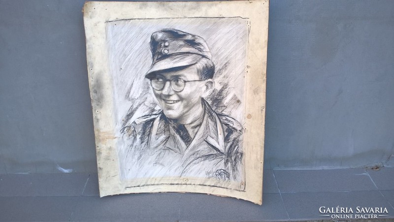 Cheerful soldier with old large-scale graphics or some mixed media.
