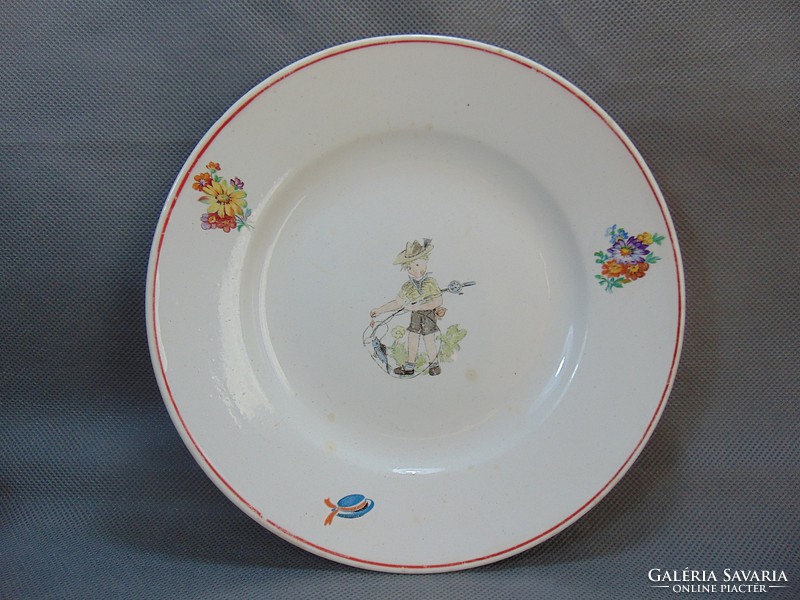 Old granite fairy tale pattern - fishing boy child with plate