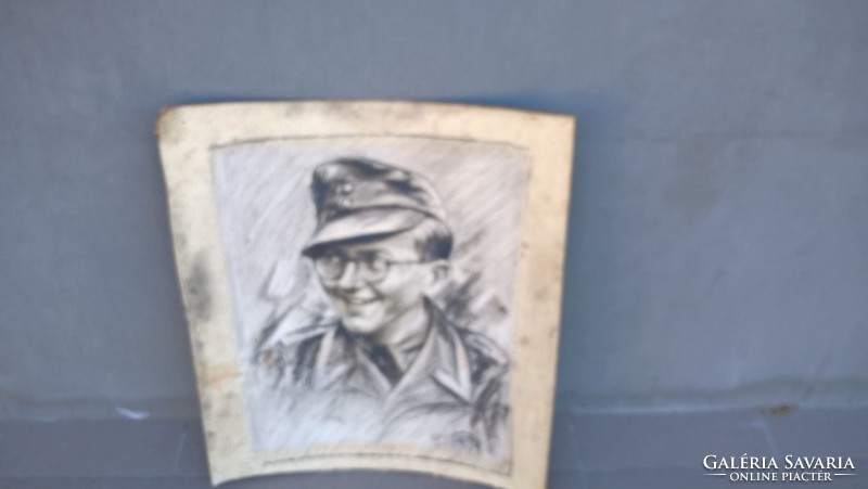 Cheerful soldier with old large-scale graphics or some mixed media.