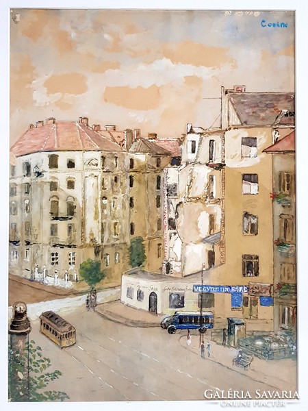 Budapest street after the war watercolor painting labeled work