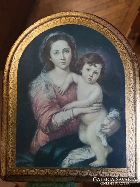 Madonna with your baby, mondo artigiano, villorba-tv print on gilded wooden plate 28 x 22 cm