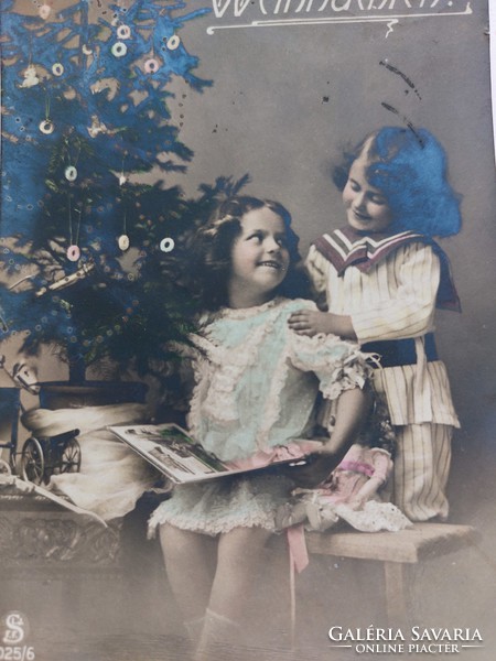 Old Christmas postcard 1922 photo postcard with kids Christmas tree