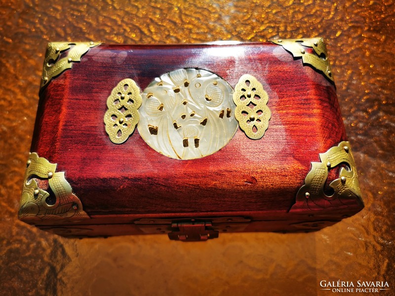 Old Chinese wooden jewelry box with jade decoration