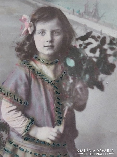 Régi karácsonyi képeslap francia fotó levelezőlap karácsonyfa játék kislány