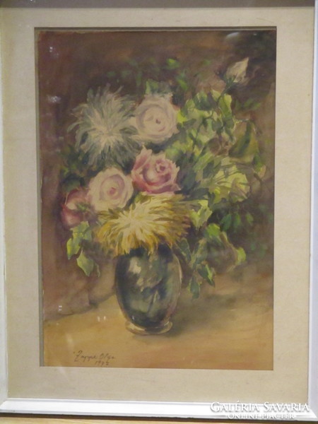 Zappe Olga egyik gyönyörű virág csendélete 1972-ből 62x47 cm