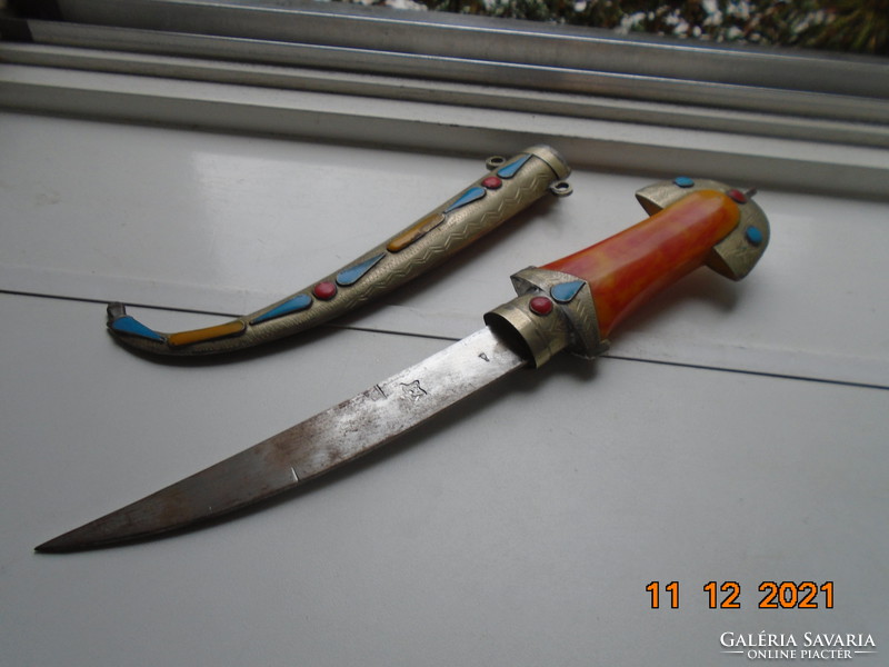 Moroccan Berber marked steel dagger with fire enamel decoration and amber handle