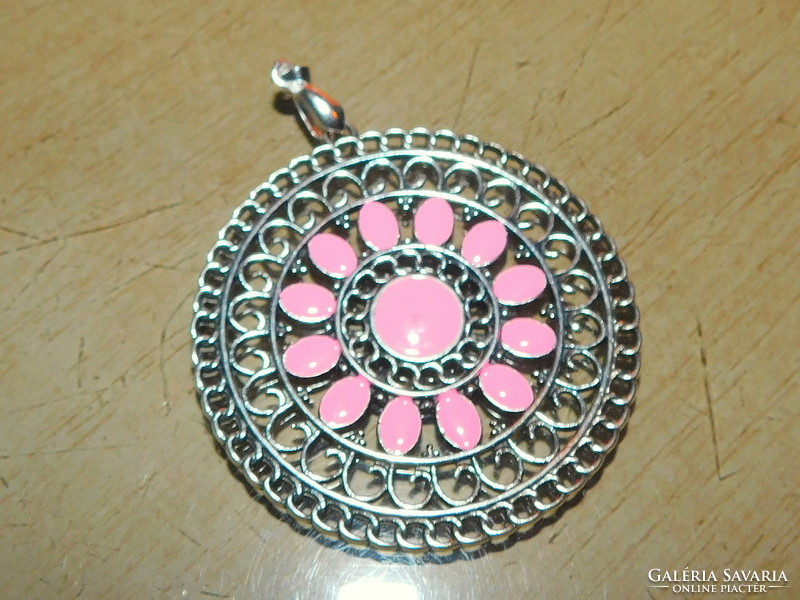 Pink fire enamel mandala amulet with Tibetan silver pendant