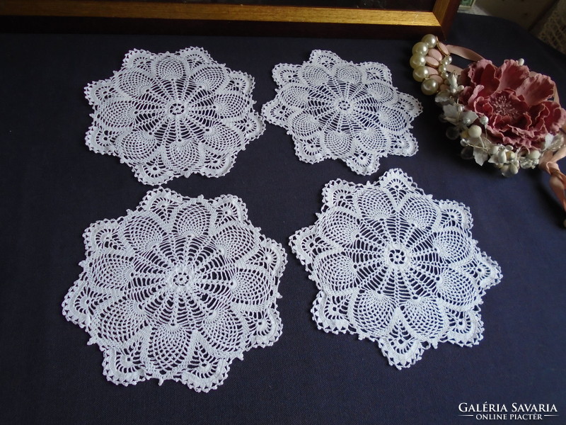 4 Pcs. 17 cm diam. Snow white, crocheted cotton lace tablecloth.