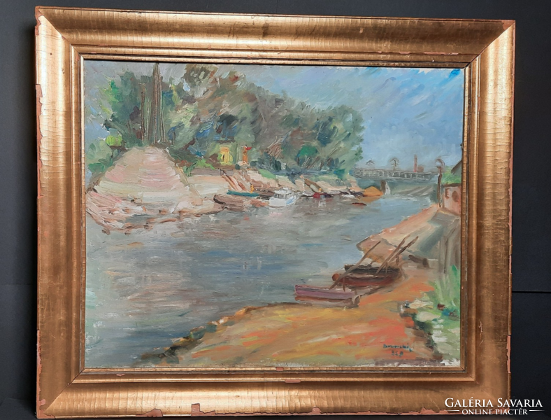 Riverside with harbor - with oil-canvas frame 50x60 cm - riverside landscape, nature, harbor, boats
