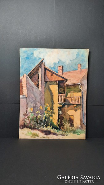 Working woman (pastel) and colorful houses (watercolor) double-sided 40x30 cm