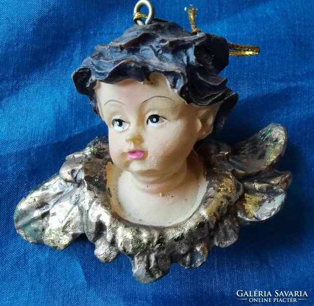 Vintage hand painted polyresin cherub putto, angel head Christmas tree ornament