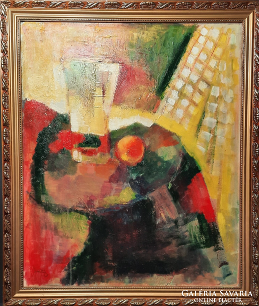 Still life in a beautiful frame, 60x50 cm (brandy eve, modern, contemporary Hungarian oil painting)